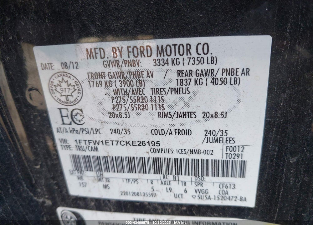 2012 FORD F-150 VIN: 1FTFW1ET7CKE26195