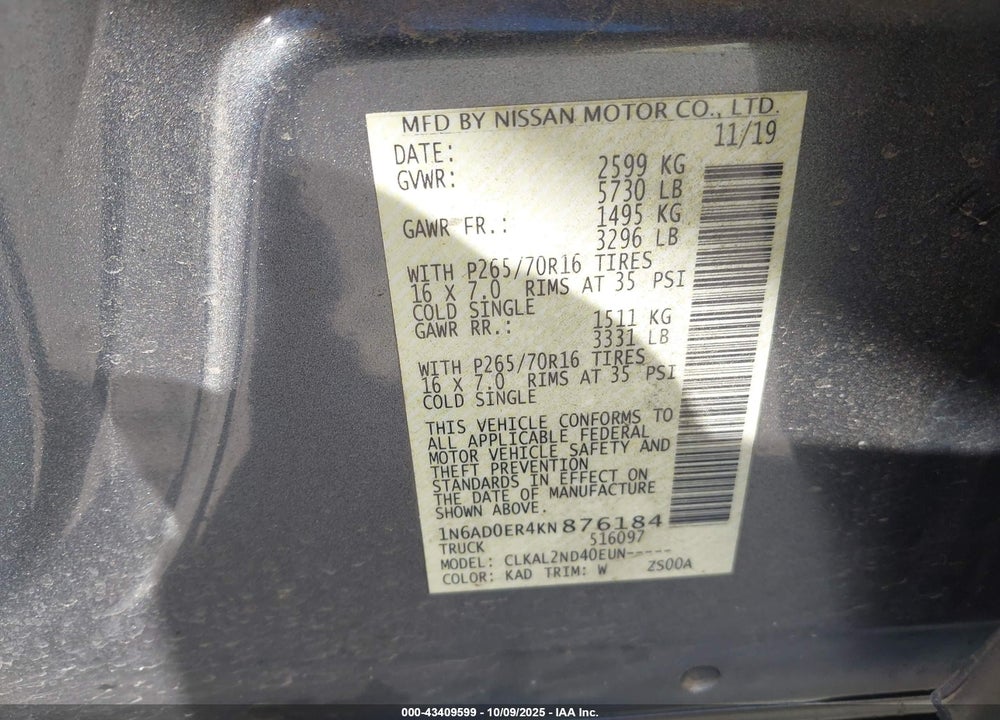 2019 NISSAN FRONTIER VIN: 1N6AD0ER4KN876184