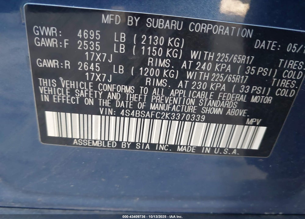 2019 SUBARU OUTBACK 2.5I PREMIUM VIN: 4S4BSAFC2K3370339