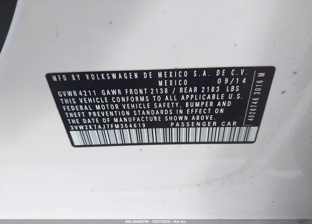 2015 VOLKSWAGEN JETTA VIN: 3VW2K7AJ7FM354619