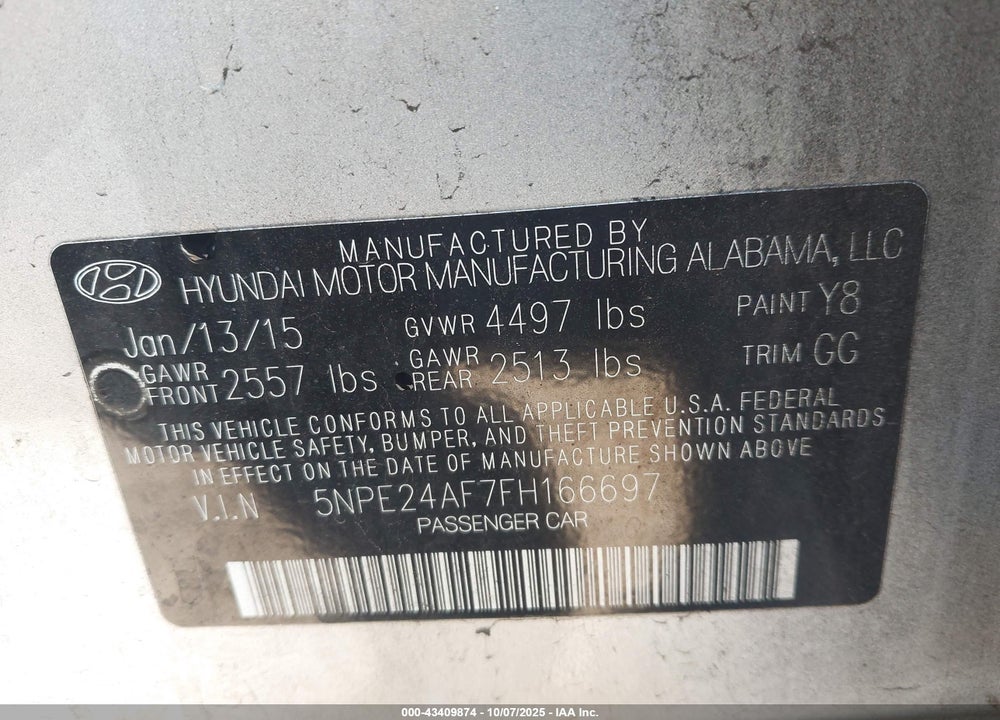 2015 HYUNDAI SONATA VIN: 5NPE24AF7FH166697