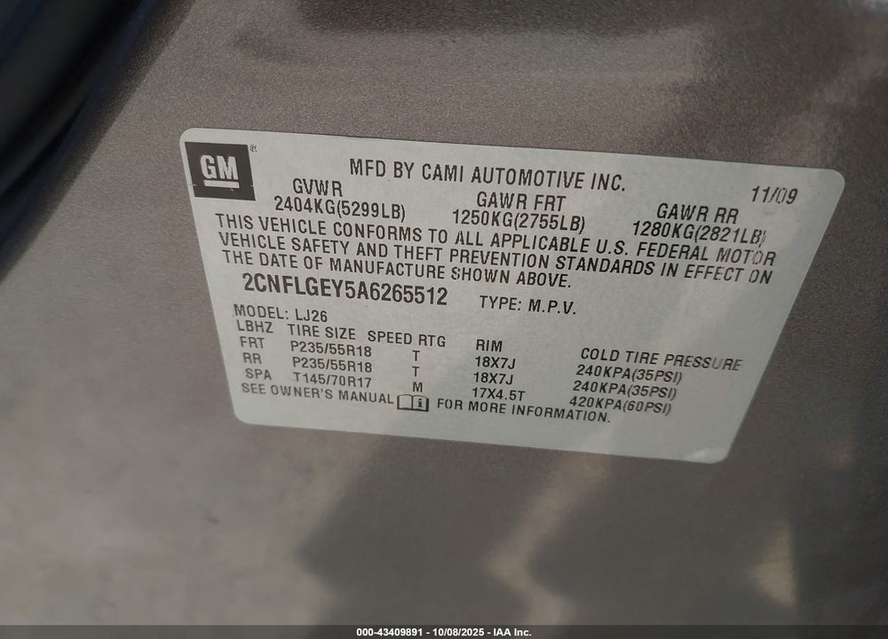 2010 CHEVROLET EQUINOX LTZ VIN: 2CNFLGEY5A6265512
