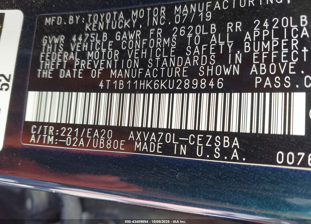 2019 TOYOTA CAMRY VIN: 4T1B11HK6KU289846