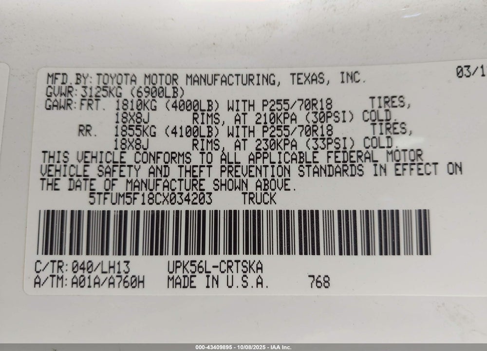 2012 TOYOTA TUNDRA GRADE 4.6L V8 VIN: 5TFUM5F18CX034203