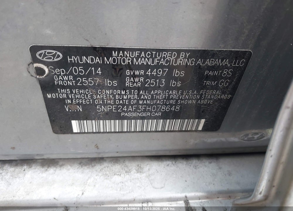 2015 HYUNDAI SONATA SE VIN: 5NPE24AF3FH078648