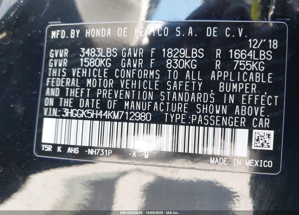 2019 HONDA FIT LX VIN: 3HGGK5H44KM712980