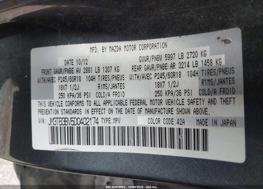2013 MAZDA CX-9 VIN: JM3TB3BV5D0402174