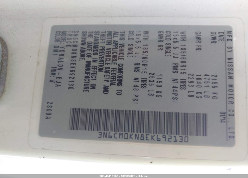 2014 NISSAN NV200 S/SV VIN: 3N6CM0KN8EK692130