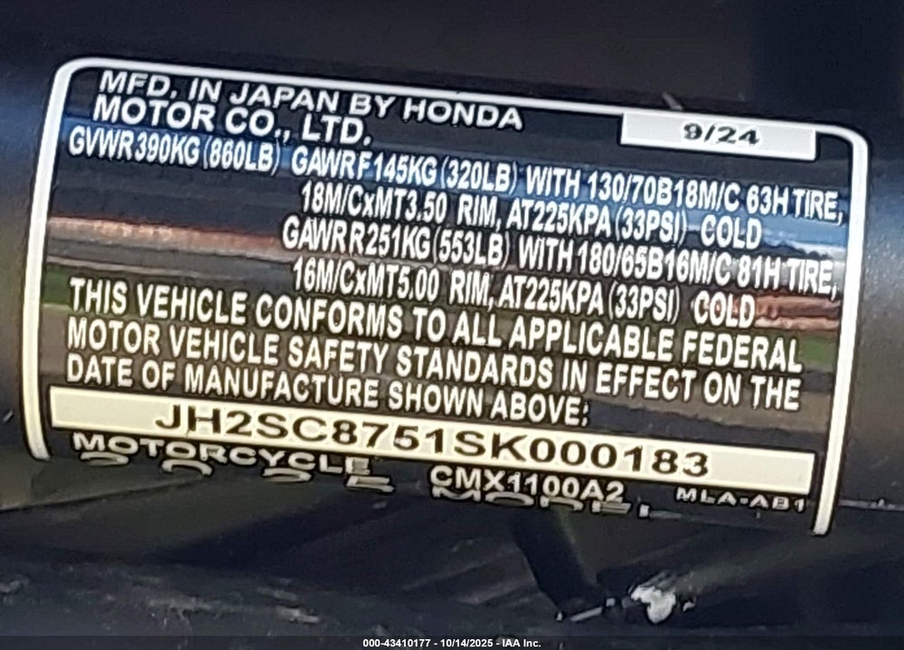 2025 HONDA CMX1100 A2 VIN: JH2SC8751SK000183