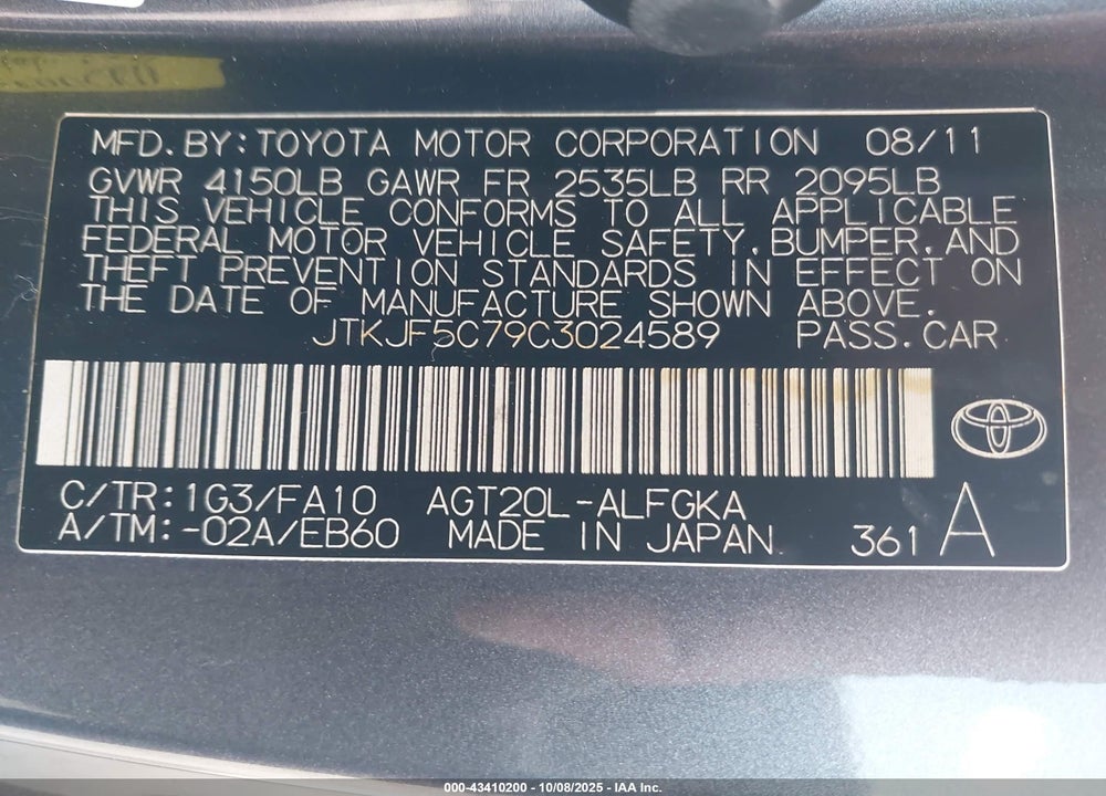 2012 SCION TC VIN: JTKJF5C79C3024589