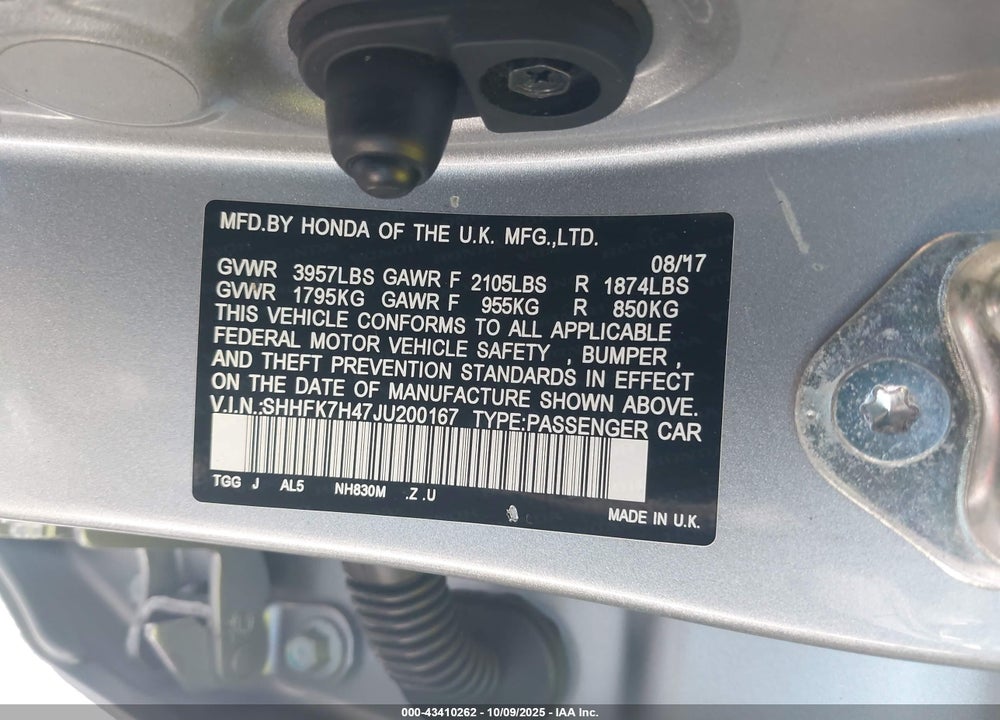 2018 HONDA CIVIC SPORT VIN: SHHFK7H47JU200167