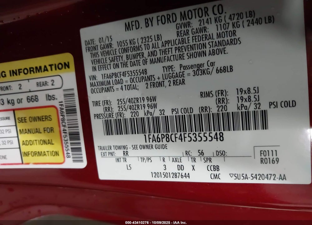 2015 FORD MUSTANG GT PREMIUM VIN: 1FA6P8CF4F5355548