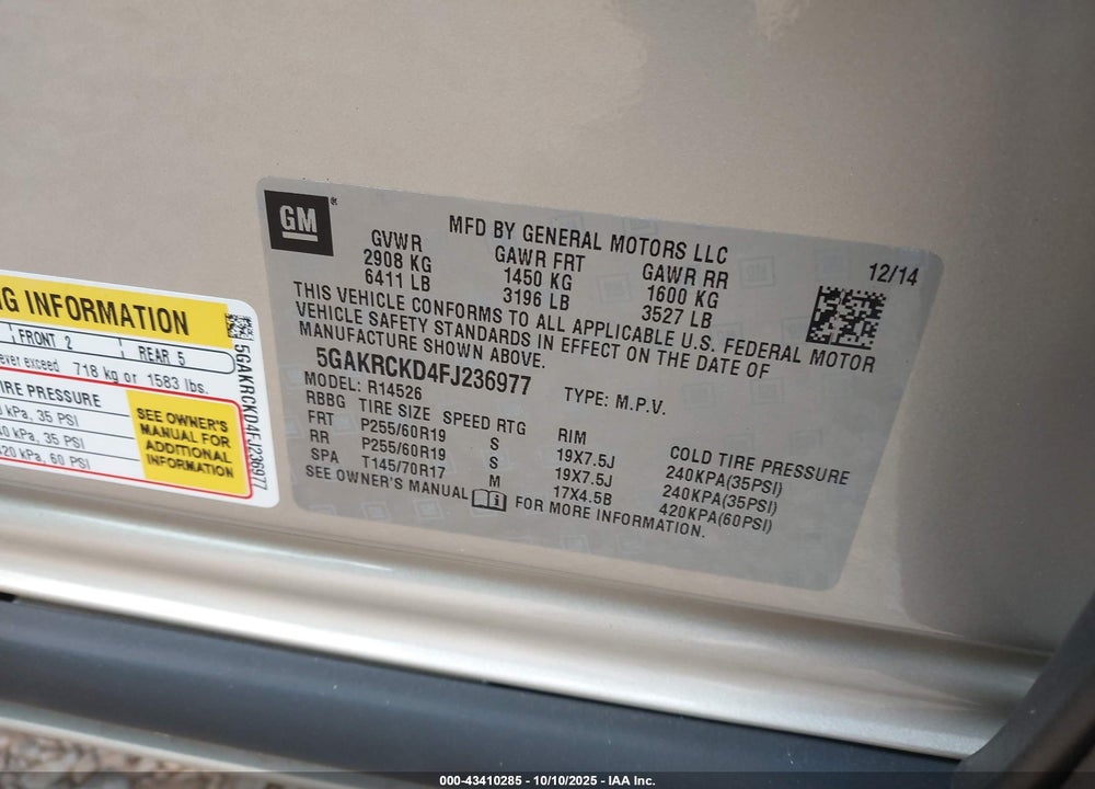 2015 BUICK ENCLAVE PREMIUM VIN: 5GAKRCKD4FJ236977