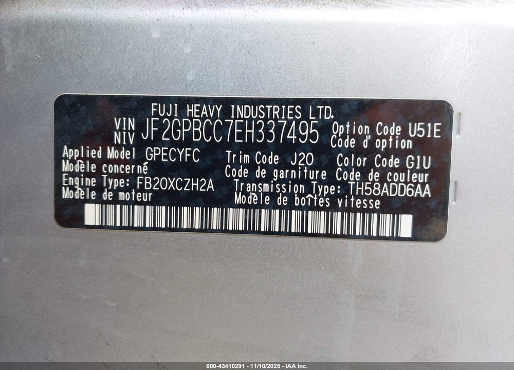 2014 SUBARU XV CROSSTREK HYBRID VIN: JF2GPBCC7EH337495