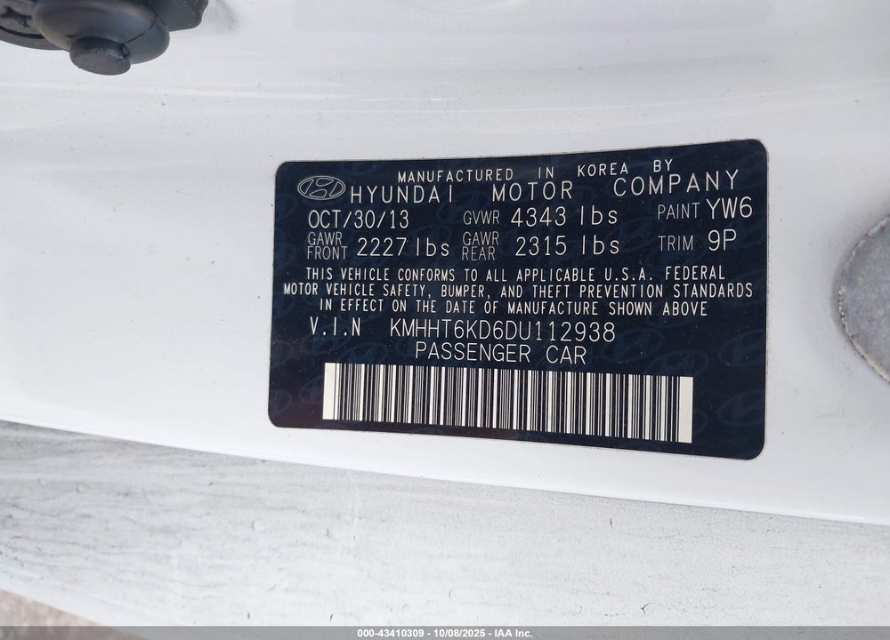2013 HYUNDAI GENESIS 2.0T VIN: KMHHT6KD6DU112938