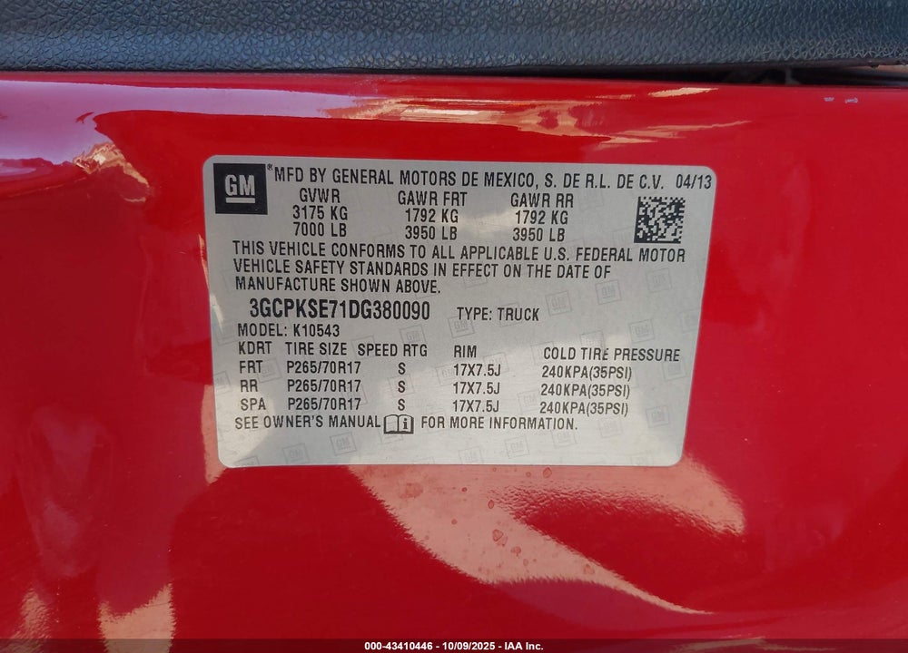 2013 CHEVROLET SILVERADO 1500 LT VIN: 3GCPKSE71DG380090