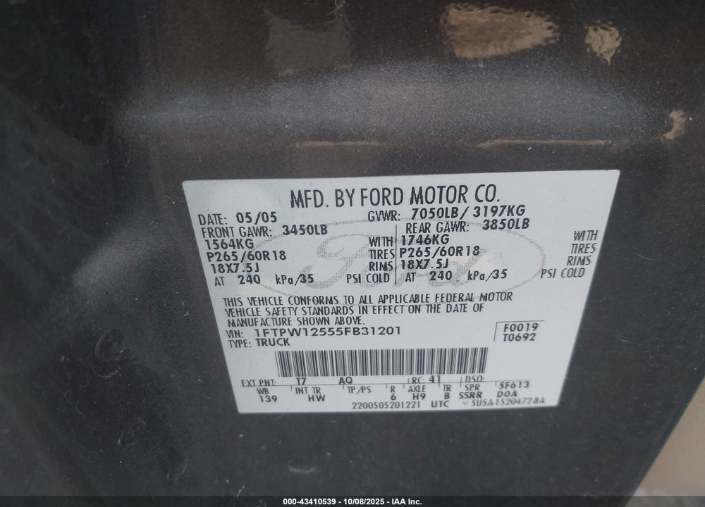 2005 FORD F-150 LARIAT/XLT VIN: 1FTPW12555FB31201