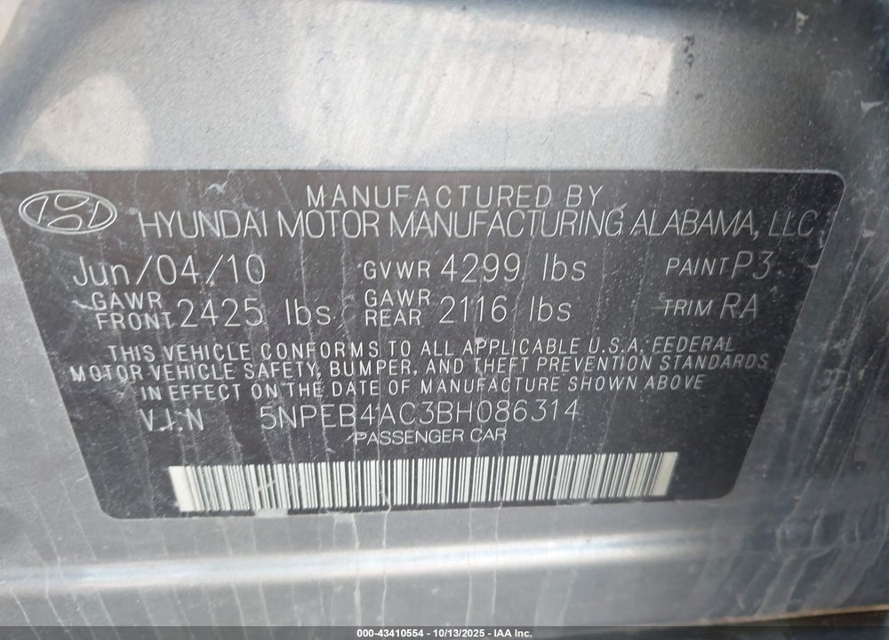2011 HYUNDAI SONATA VIN: 5NPEB4AC3BH086314