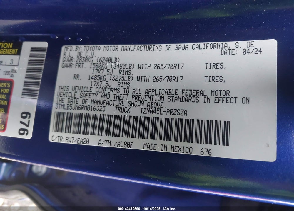 2024 TOYOTA TACOMA TRD OFF ROAD 4WD VIN: 3TMLB5JN6RM016325