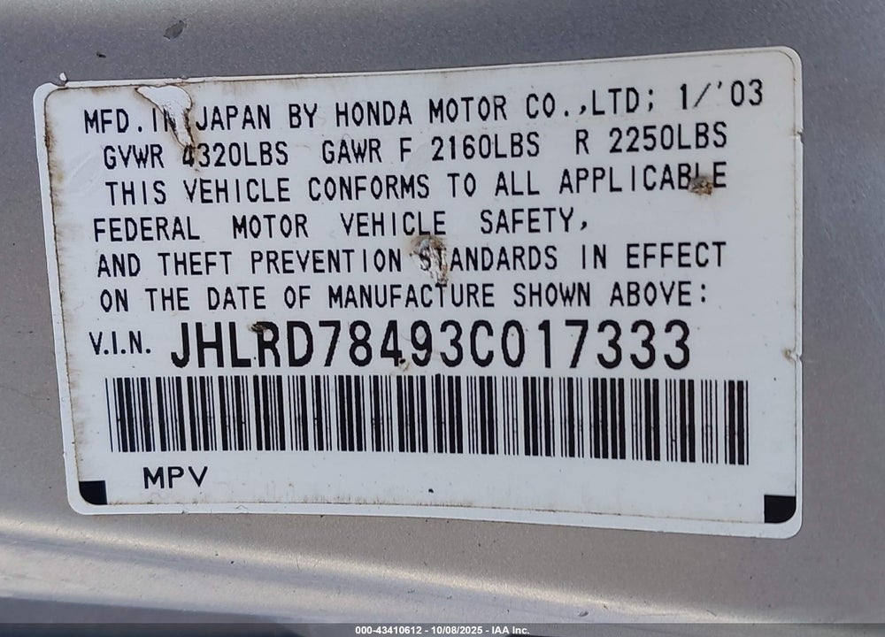 2003 HONDA CR-V LX VIN: JHLRD78493C017333