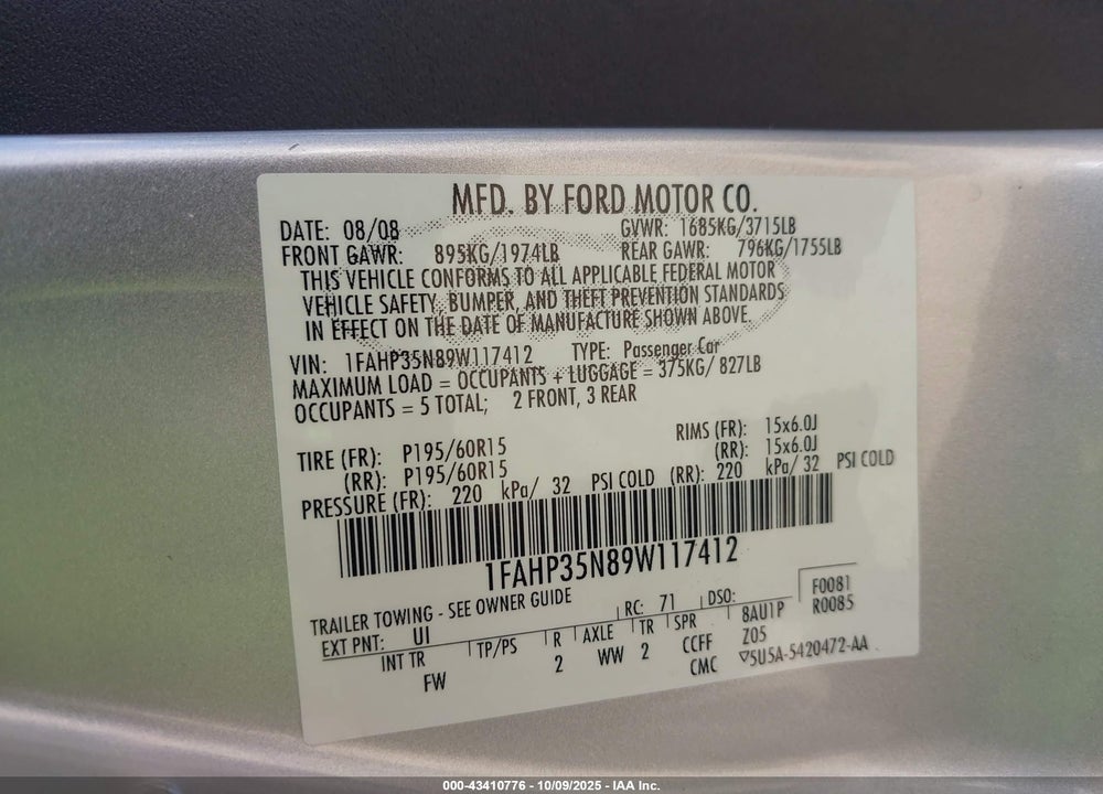 2009 FORD FOCUS SE VIN: 1FAHP35N89W117412