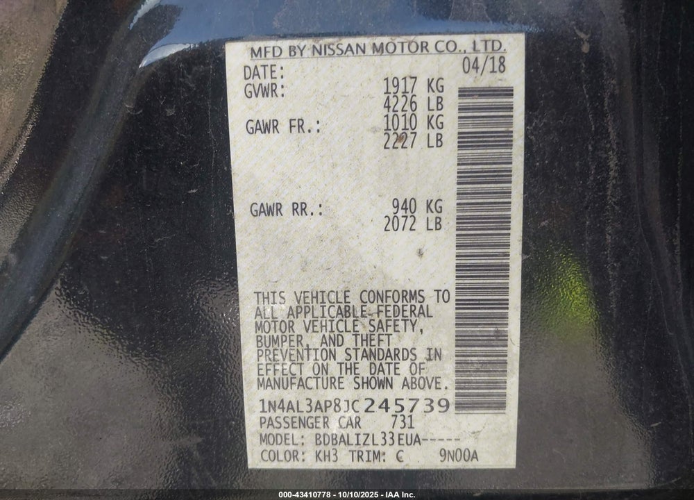 2018 NISSAN ALTIMA 2.5 SV VIN: 1N4AL3AP8JC245739
