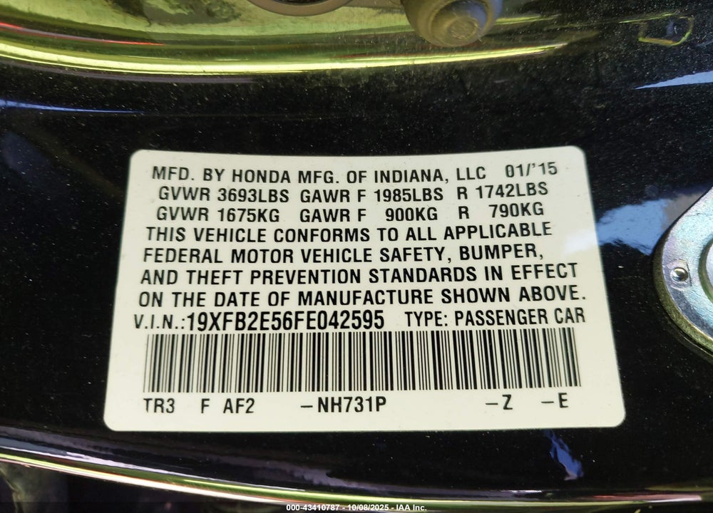 2015 HONDA CIVIC VIN: 19XFB2E56FE042595