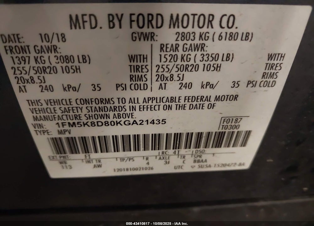 2019 FORD EXPLORER VIN: 1FM5K8D80KGA21435