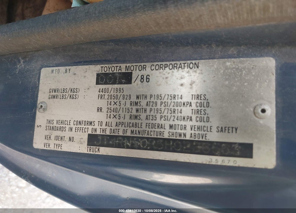 1987 TOYOTA PICKUP 1/2 TON RN50 VIN: JT4RN50R5H0236563