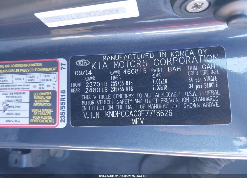 2015 KIA SPORTAGE VIN: KNDPCCAC3F7718626