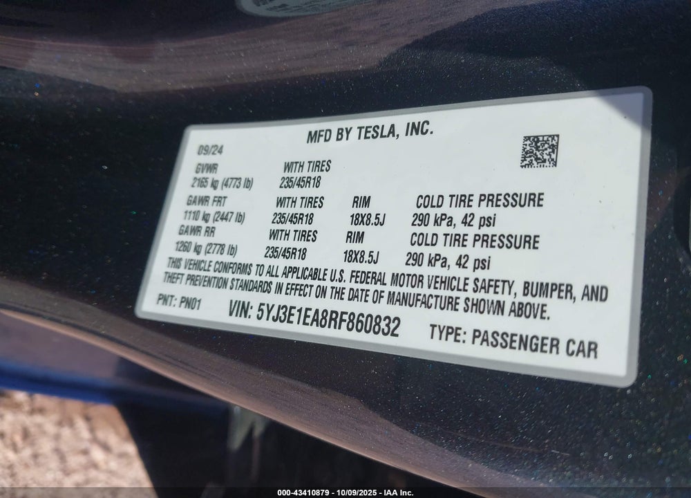 2024 TESLA MODEL 3 LONG RANGE DUAL MOTOR ALL-WHEEL DRIVE/REAR-WHEEL DRIVE VIN: 5YJ3E1EA8RF860832