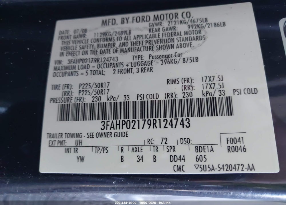 2009 FORD FUSION VIN: 3FAHP02179R124743