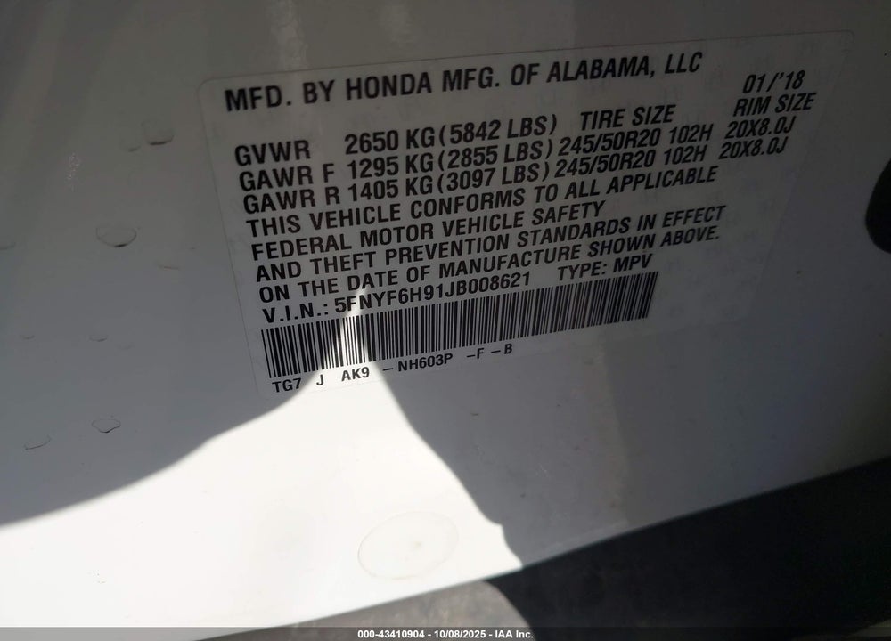 2018 HONDA PILOT VIN: 5FNYF6H91JB008621