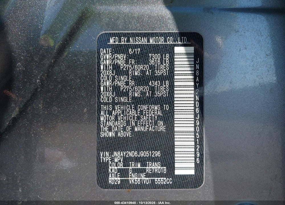 2018 NISSAN ARMADA SL VIN: JN8AY2ND6J9051296