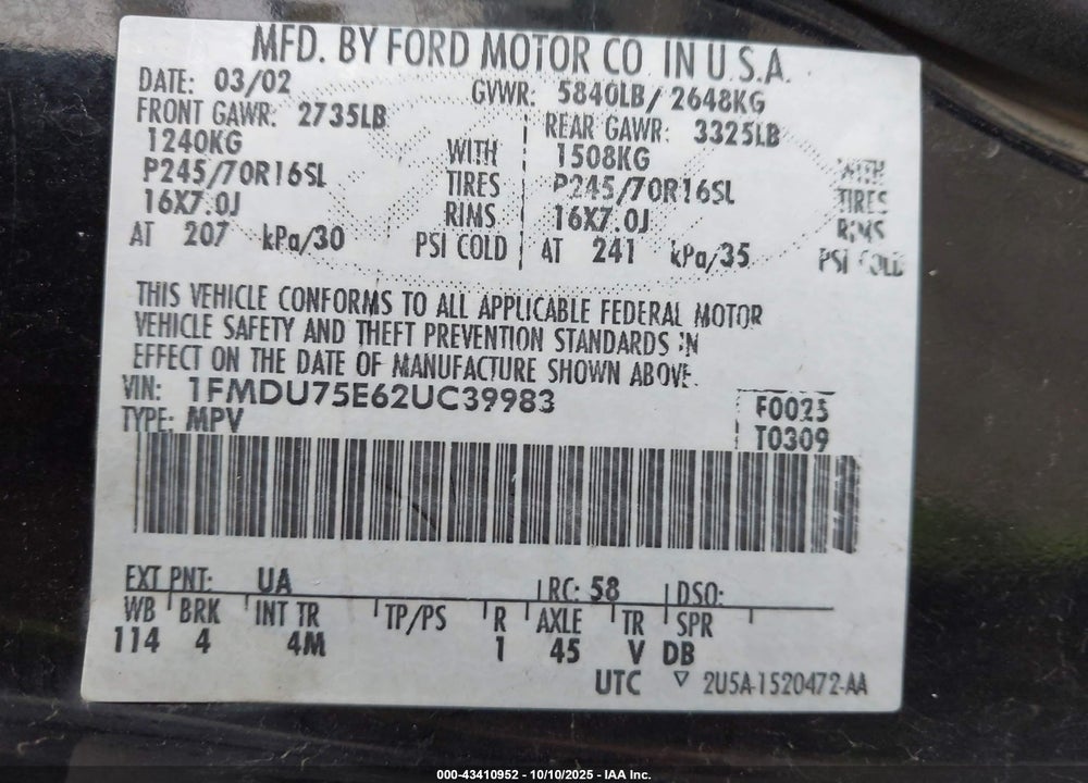 2002 FORD EXPLORER LIMITED VIN: 1FMDU75E62UC39983