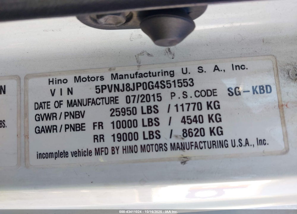 2016 HINO 258/268 VIN: 5PVNJ8JP0G4S51553