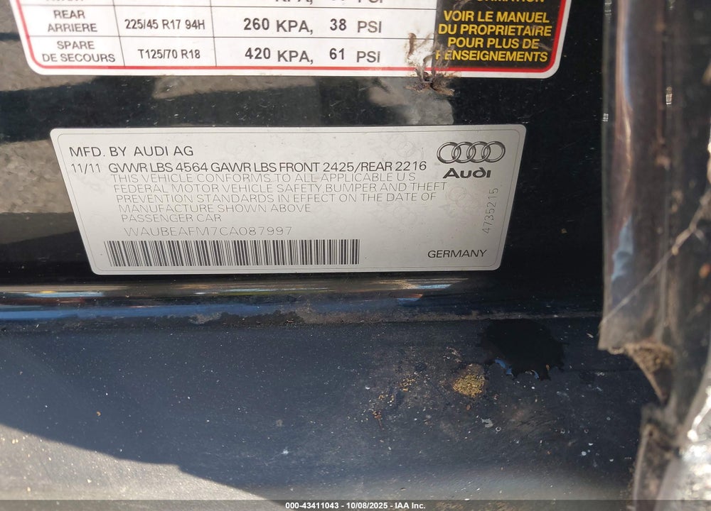 2012 AUDI A3 VIN: WAUBEAFM7CA087997