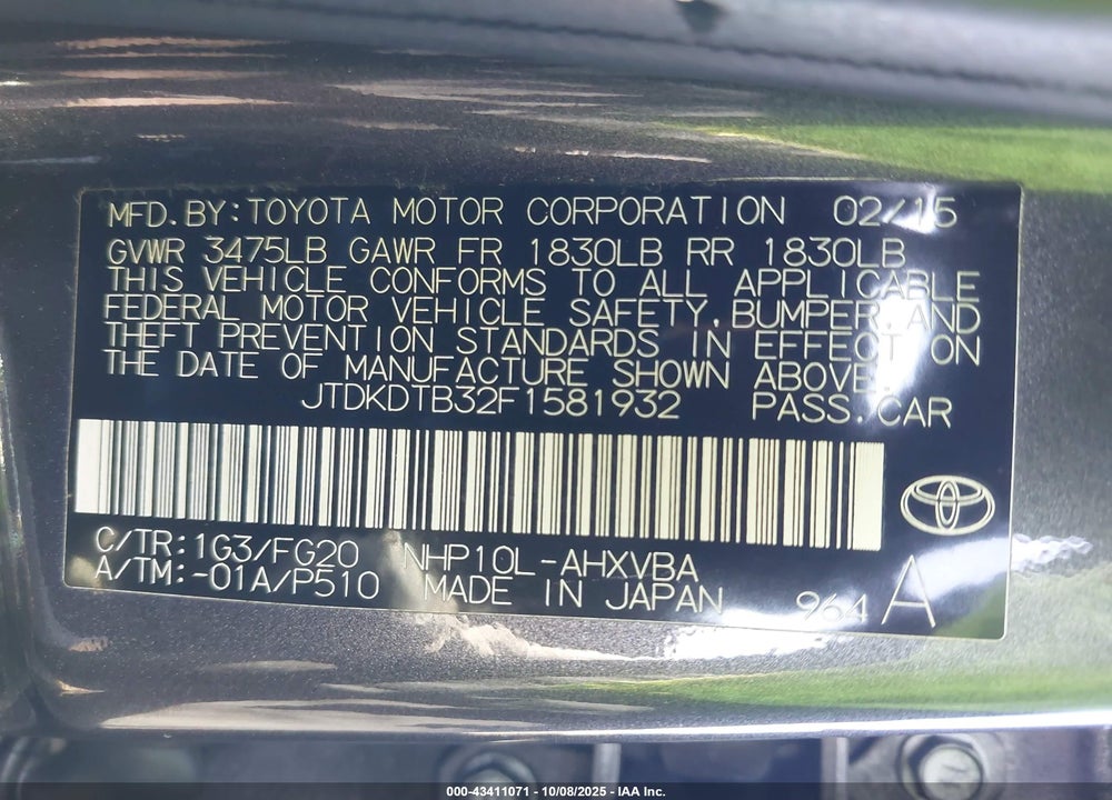 2015 TOYOTA PRIUS C TWO VIN: JTDKDTB32F1581932