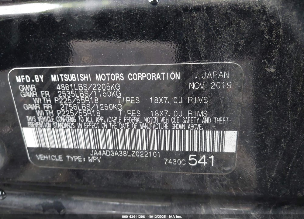 2020 MITSUBISHI OUTLANDER LE 2.4/SE 2.4/SEL 2.4/SP 2.4 VIN: JA4AD3A38LZ022101