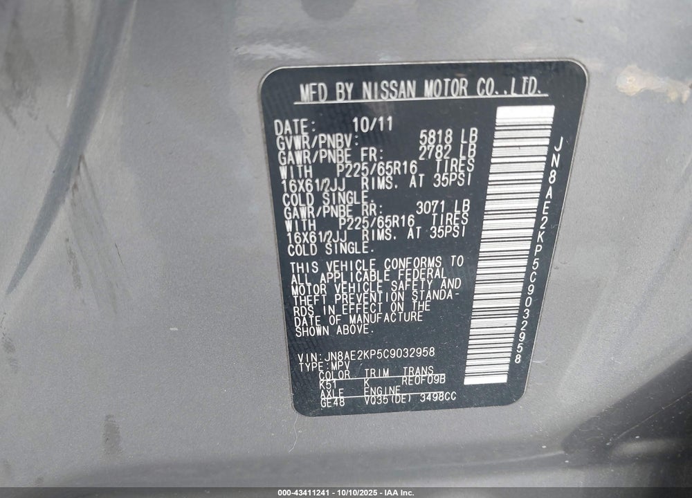 2012 NISSAN QUEST S VIN: JN8AE2KP5C9032958
