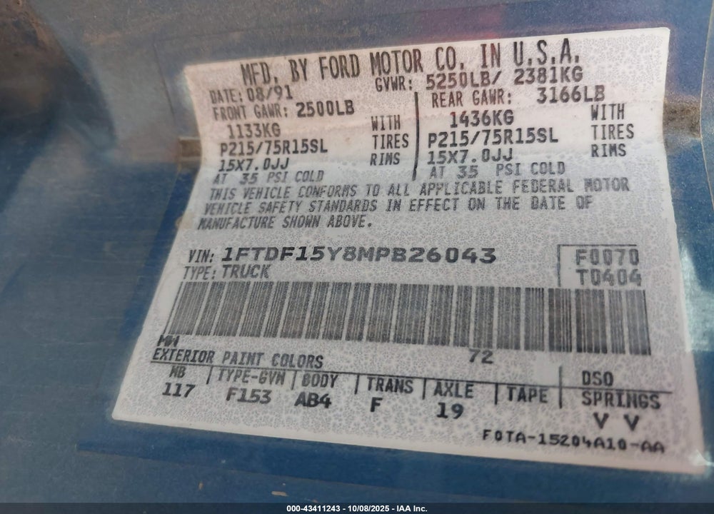 1991 FORD F150 VIN: 1FTDF15Y8MPB26043