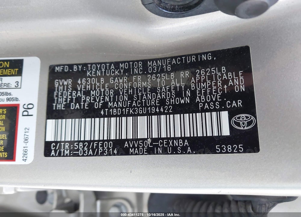 2016 TOYOTA CAMRY HYBRID VIN: 4T1BD1FK3GU194422