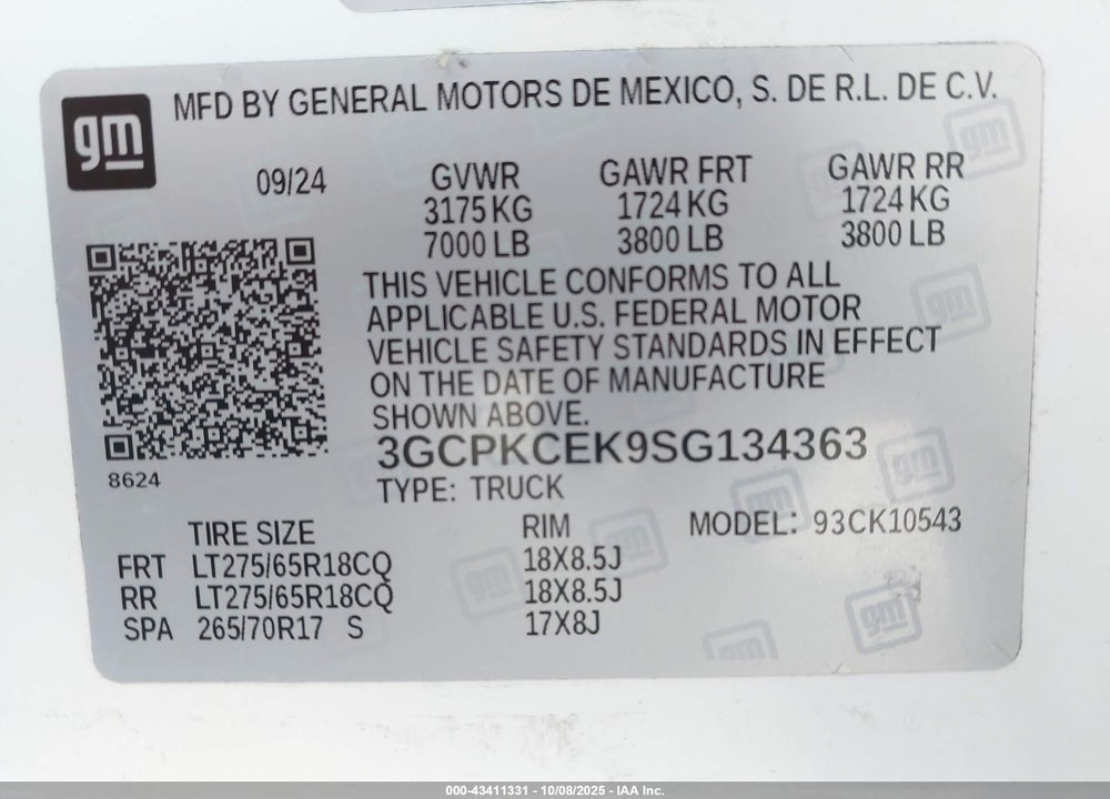 2025 CHEVROLET SILVERADO 1500 4WD SHORT BED CUSTOM TRAIL BOSS VIN: 3GCPKCEK9SG134363