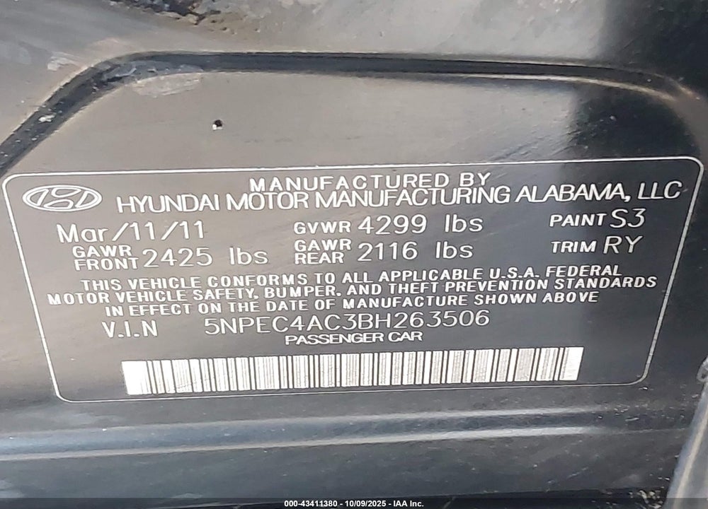 2011 HYUNDAI SONATA SE VIN: 5NPEC4AC3BH263506