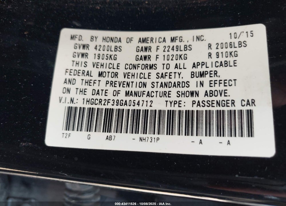 2016 HONDA ACCORD VIN: 1HGCR2F39GA054712
