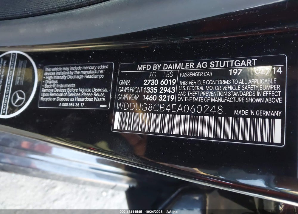 2014 MERCEDES-BENZ S CLASS VIN: WDDUG8CB4EA060248