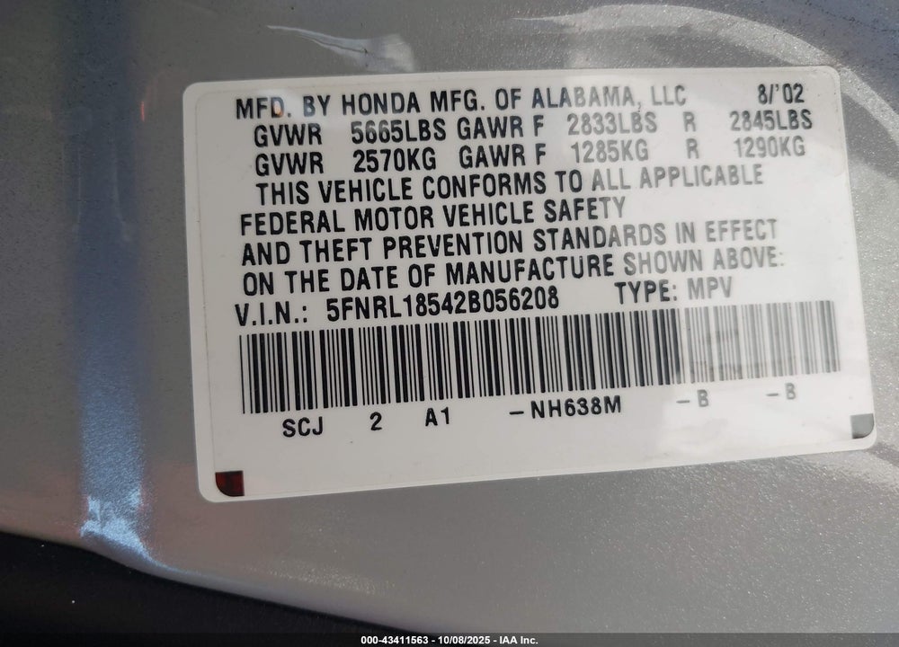 2002 HONDA ODYSSEY VIN: 5FNRL18542B056208