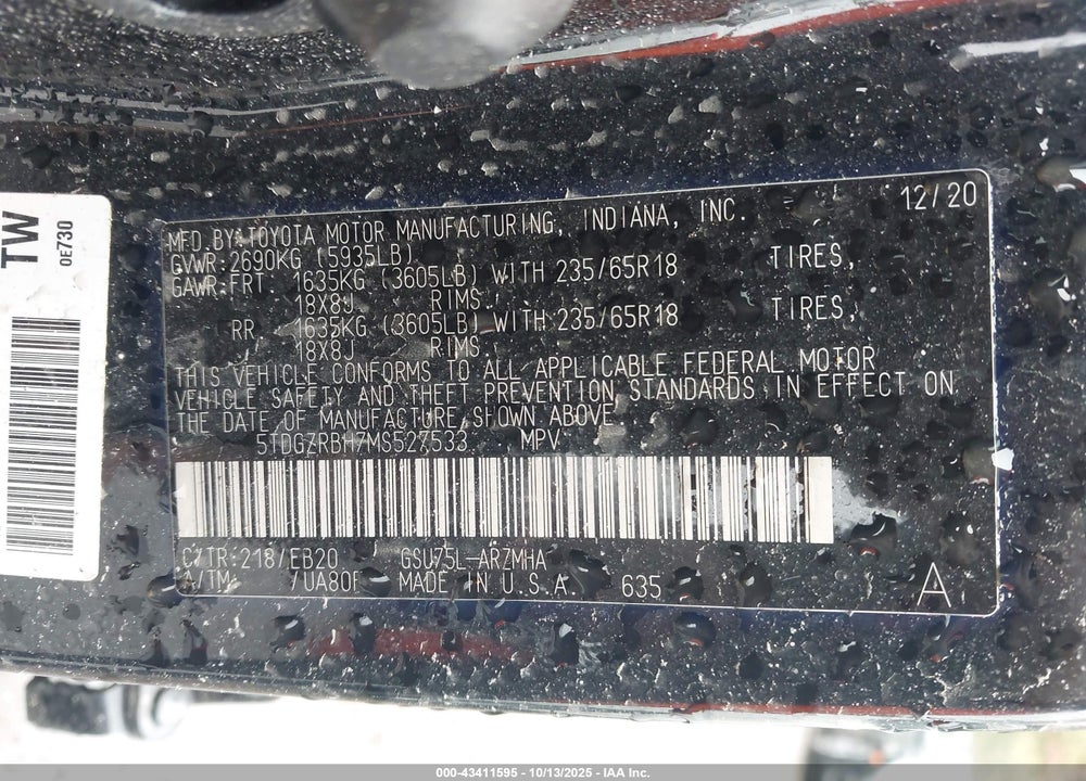 2021 TOYOTA HIGHLANDER VIN: 5TDGZRBH7MS527533