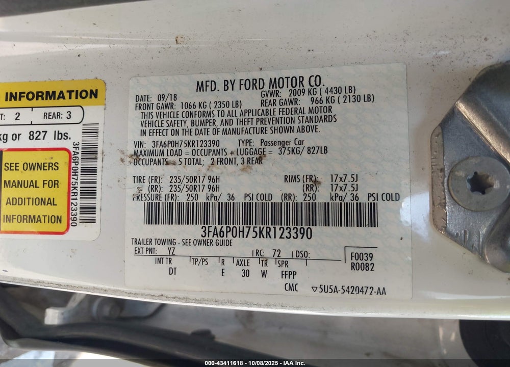 2019 FORD FUSION SE VIN: 3FA6P0H75KR123390