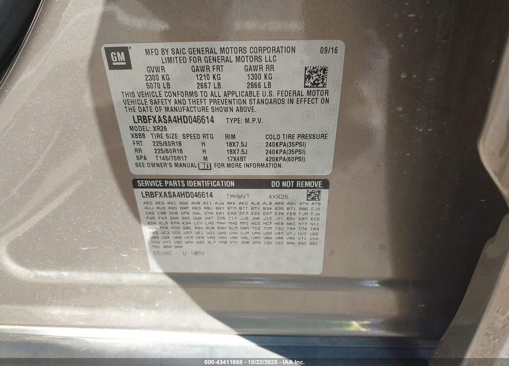 2017 BUICK ENVISION PREFERRED VIN: LRBFXASA4HD046614